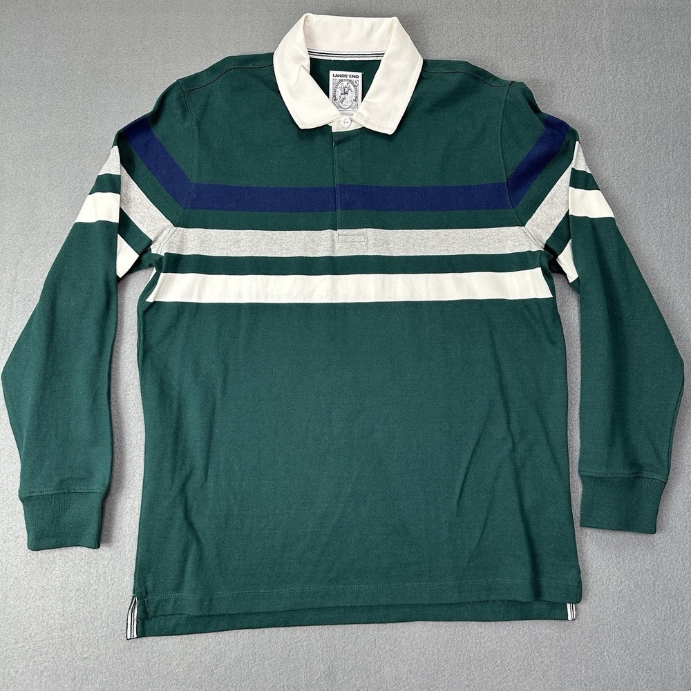 NWOT Lands End Polo Rugby Shirt Mens L Large Green Striped Long Sleeve
